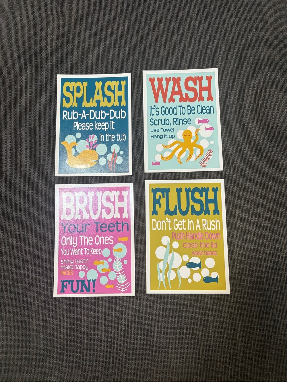 Kids Bath Wall Art Set 5X7 - Colorful Splash, Wash, Brush, Flush Prints